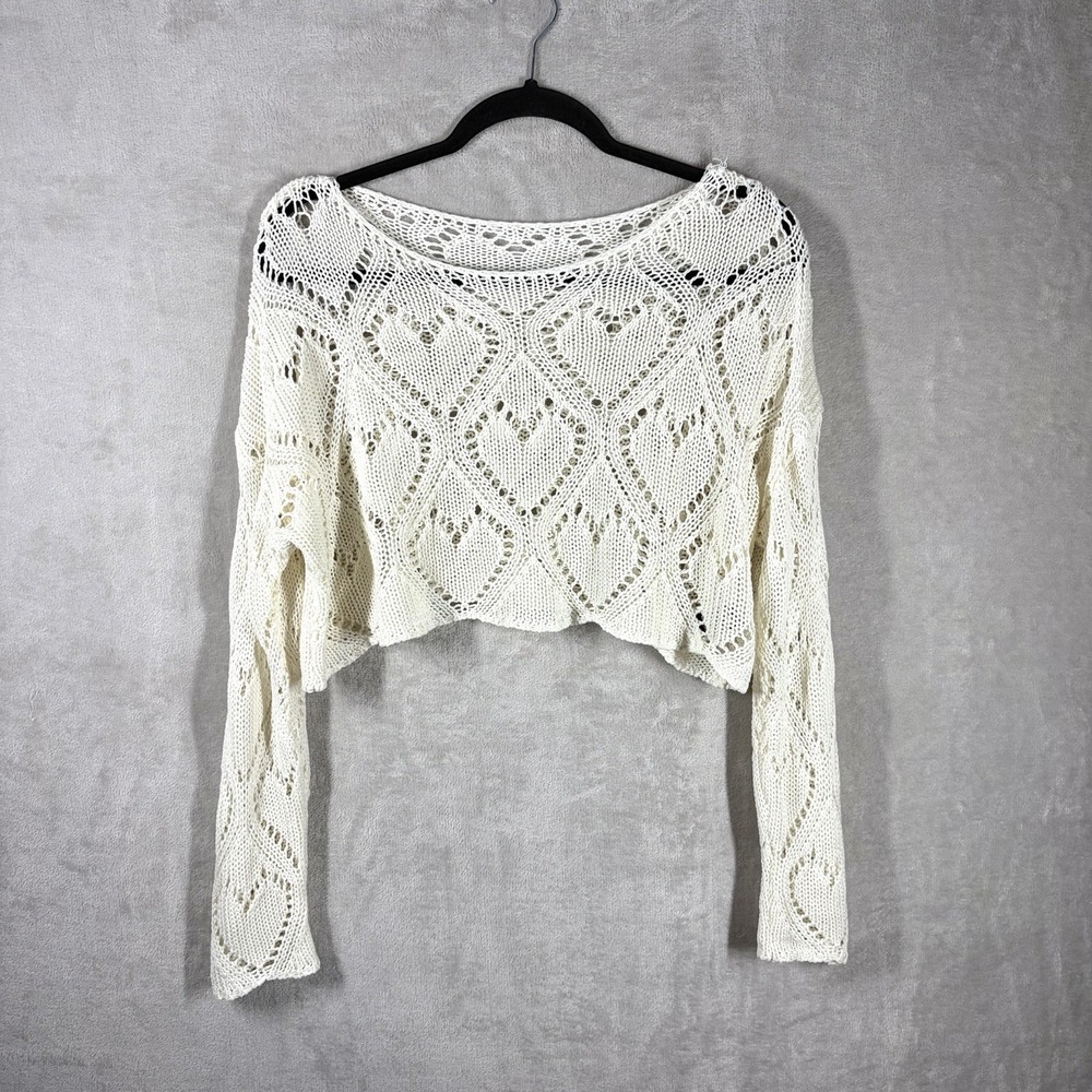 Dazy Cropped Open Knit Heart Sweater Size S Coastal Cowgirl Soft Girl Beachy